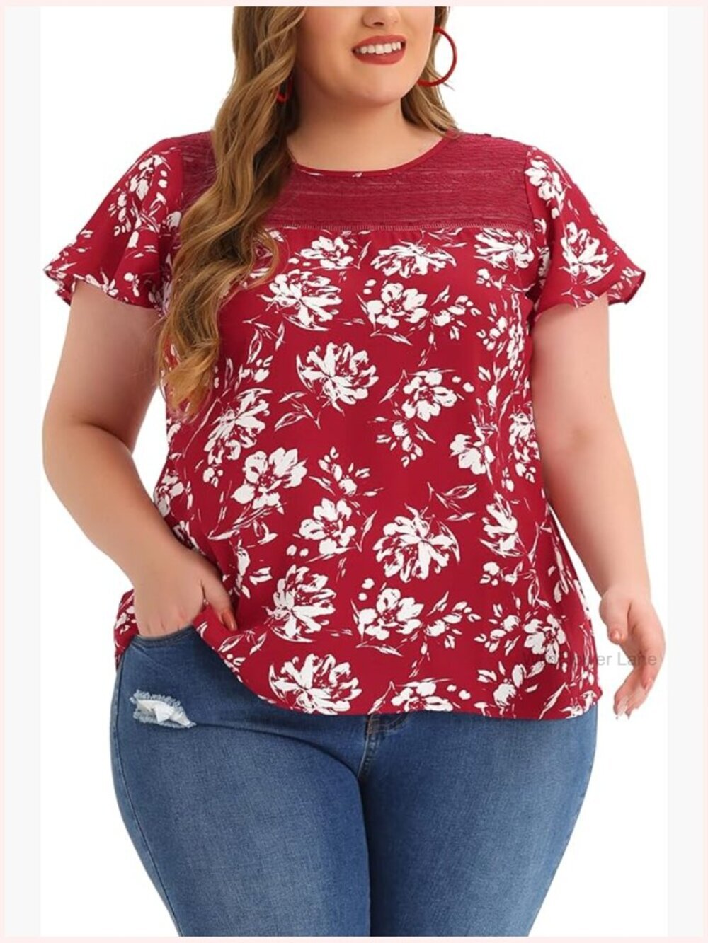 Plus Size Flared Sleeve Floral Lace Panel Blouse Tunic Top
